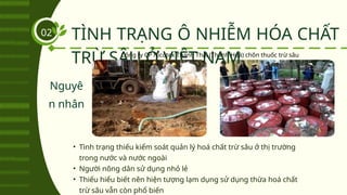 TÌNH TRẠNG Ô NHIỄM HÓA CHẤT
TRỪ SÂU Ở VIỆT NAM
• Tình trạng thiếu kiểm soát quản lý hoá chất trừ sâu ở thị trường
trong nước và nước ngoài
• Người nông dân sử dụng nhỏ lẻ
• Thiếu hiểu biết nên hiện tượng lạm dụng sử dụng thừa hoá chất
trừ sâu vẫn còn phổ biến
02
Công ty CP Nicotex Thanh Thái (Thanh Hoá) chôn thuốc trừ sâu
Nguyê
n nhân
 