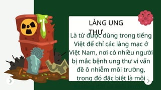 Là từ được dùng trong tiếng
Việt để chỉ các làng mạc ở
Việt Nam, nơi có nhiều người
bị mắc bệnh ung thư vì vấn
đề ô nhiễm môi trường,
trong đó đặc biệt là môi
trường đất và môi trường
LÀNG UNG
THƯ
 