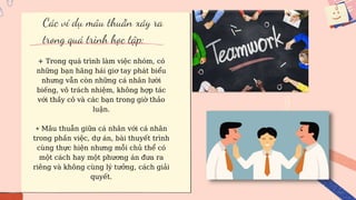 Các ví dụ mâu thuẫn xảy ra
trong quá trình học tập:
+ Trong quá trình làm việc nhóm, có
những bạn hăng hái giơ tay phát biểu
nhưng vẫn còn những cá nhân lười
biếng, vô trách nhiệm, không hợp tác
với thầy cô và các bạn trong giờ thảo
luận.
+ Mâu thuẫn giữa cá nhân với cá nhân
trong phần việc, dự án, bài thuyết trình
cùng thực hiện nhưng mỗi chủ thể có
một cách hay một phương án đưa ra
riêng và không cùng lý tưởng, cách giải
quyết.
.
 