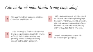 Các ví dụ về mâu thuẫn trong cuộc sống
Mối quan hệ xã hội bao gồm lối sống
có văn hoá và phi văn hoá.
Mâu thuẫn giữa cá nhân với cá nhân
trong công việc cùng thực hiện nhưng
mỗi chủ thể có một cách hay một
phương án đưa ra riêng và không
cùng lý tưởng, cách giải quyết.
Mỗi cá nhân trong xã hội đều có thể
có các mâu thuẫn trên phương diện
tình cảm, nhậnthức, kinh tế, chính trị,
văn hoá, và ngay trong nội tại của cá
nhân có các mâu thuẫn về phương
diện tư duy, đạo đức và nhu cầu,…
Thuyết trình là công cụ giao tiếp
có thể dùng để giảng dạy.
1
2
3
4
 