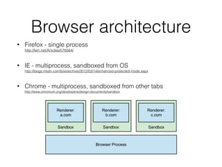 Timing side-channels
• OpenPGP.js RSA decryption unpadding
!
!
!
!
!
• This needs to be constant time to avoid Bleichenbacher’s attack 
http://archiv.infsec.ethz.ch/education/fs08/secsem/
Bleichenbacher98.pdf
/**!
* Decodes a EME-PKCS1-v1_5 padding!
*/!
decode: function(message, len) {!
if (message.length < len)!
message = String.fromCharCode(0) + message; // branching!
if (message.length < 12 || message.charCodeAt(0) !== 0 ||!
message.charCodeAt(1) != 2) // branching!
return -1; // early exit!
var i = 2;!
return message.substring(i + 1, message.length);!
}
 