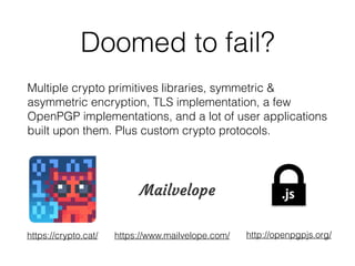Doomed to fail?
https://www.mailvelope.com/https://crypto.cat/ http://openpgpjs.org/
Multiple crypto primitives libraries, symmetric &
asymmetric encryption, TLS implementation, a few
OpenPGP implementations, and a lot of user applications
built upon them. Plus custom crypto protocols.
 