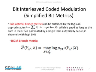  interleaved bits are collected into Gray labeled non-binary symbols5Seminar on Signal Processing in Wireless Communications 2011Symbol MapperFlat fading ChannelBit -InterleaverBinary EncoderBit Interleaved Coded ModulationIntroductionPurpose of the bit-interleaver: