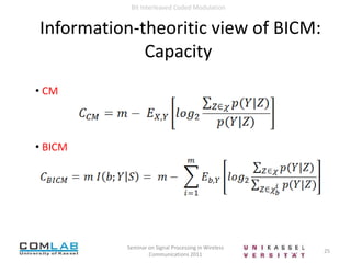 6Seminar on Signal Processing in Wireless Communications 2011Bit Interleaved Coded ModulationIntroductionBinaryto M-arymappingBinaryEncoderBitwiseInterleaverM-ary-modulatorComplex flat-fading AWGNSoft-InBinaryDecoderLLRBit MetricCalculationReceiverfrontendBitwiseDeinterleaverFig : BICM OverviewThe combination of binary encoding, bitwise interleaving, and M-ary modulationactually yields better performance in fading than symbol-wise interleaving andtrellis-coded modulation (Caire 1998)