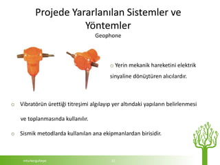 Projede Yararlanılan Sistemler ve
                       Yöntemler
                                   Geophone



                                         o Yerin mekanik hareketini elektrik
                                         sinyaline dönüştüren alıcılardır.



o Vibratörün ürettiği titreşimi algılayıp yer altındaki yapıların belirlenmesi

    ve toplanmasında kullanılır.

o Sismik metodlarda kullanılan ana ekipmanlardan birisidir.



     mturkergultepe                       22
 