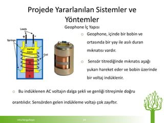 Projede Yararlanılan Sistemler ve
                     Yöntemler
                             Geophone İç Yapısı
                                       o Geophone, içinde bir bobin ve
                                             ortasında bir yay ile asılı duran
                                             mıknatısı vardır.

                                       o Sensör titrediğinde mıknatıs aşağı
                                             yukarı hareket eder ve bobin üzerinde
                                             bir voltaj indüklenir.

o Bu indüklenen AC voltajın dalga şekli ve genliği titreşimle doğru

orantılıdır. Sensörden gelen indükleme voltajı çok zayıftır.


  mturkergultepe                        24
 