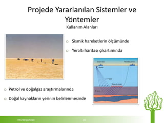 Projede Yararlanılan Sistemler ve
                          Yöntemler
                                 Kullanım Alanları


                                o Sismik hareketlerin ölçümünde

                                o Yeraltı haritası çıkartımında




o Petrol ve doğalgaz araştırmalarında

o Doğal kaynakların yerinin belirlenmesinde



       mturkergultepe                     26
 