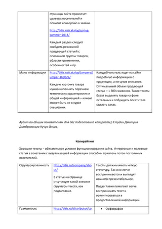 страницы сайта привлечет
целевых посетителей и
повысит конверсию в заявки.
http://bitis.ru/catalog/spring-
summer-2014/
Каждый раздел следует
снабдить рекламной
продающей статьей с
описанием группы товаров,
области применения,
особенностей и пр.
Мало информации http://bitis.ru/catalog/jumpers/j
umper-16902a/
Каждую карточку товара
нужно наполнить перечнем
технических характеристик и
общей информацией – клиент
может быть не в курсе
специфики.
Каждый читатель ищет на сайте
подробную информацию о
продукции, а не сухое описание.
Оптимальный объем продающей
статьи – 1 500 символов. Такие тексты
будут выделять товар на фоне
остальных и побуждать посетителя
сделать заказ.
Аудит по общим показателям для Вас подготовила копирайтер Студии Дмитрия
Димбровского Кучук Ольга.
Копирайтинг
Хорошие тексты – обязательное условие функционирования сайта. Интересные и полезные
статьи в сочетании с визуализацией информации способны привлечь поток постоянных
посетителей.
Структурированность http://bitis.ru/company/abo
ut/
В статье на странице
отсутствует такой элемент
структуры текста, как
подзаглавия.
Тексты должны иметь четкую
структуру. Так они легче
воспринимаются и выглядят
намного презентабельнее.
Подзаглавия помогают легче
воспринимать текст и
ориентироваться в
предоставленной информации.
Грамотность http://bitis.ru/distributor/co  Орфография
 