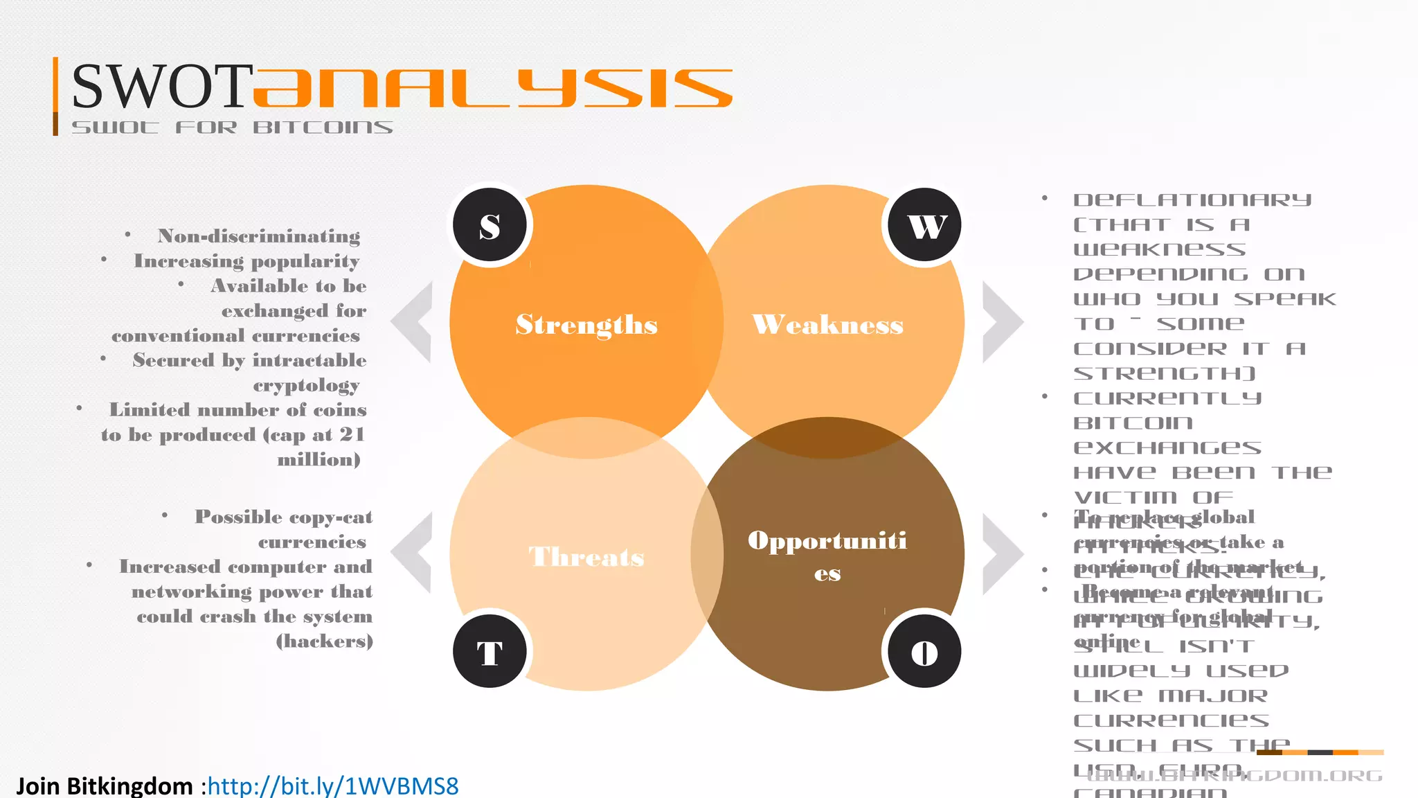 SWOTAnalysisSWOT for Bitcoins
Strengths Weakness
Opportuniti
es
Threats
S W
T O
• Deflationary
(that is a
weakness
depending on
who you speak
to – some
consider it a
strength)
• Currently
Bitcoin
exchanges
have been the
victim of
hacker
attacks.
• The currency,
while growing
in popularity,
still isn’t
widely used
like major
currencies
such as the
USD, Euro,
• To replace global
currencies or take a
portion of the market
• Become a relevant
currency for global
online
• Non-discriminating
• Increasing popularity
• Available to be
exchanged for
conventional currencies
• Secured by intractable
cryptology
• Limited number of coins
to be produced (cap at 21
million)
• Possible copy-cat
currencies
• Increased computer and
networking power that
could crash the system
(hackers)
www.bitkingdom.org
Join Bitkingdom :http://bit.ly/1WVBMS8
 
