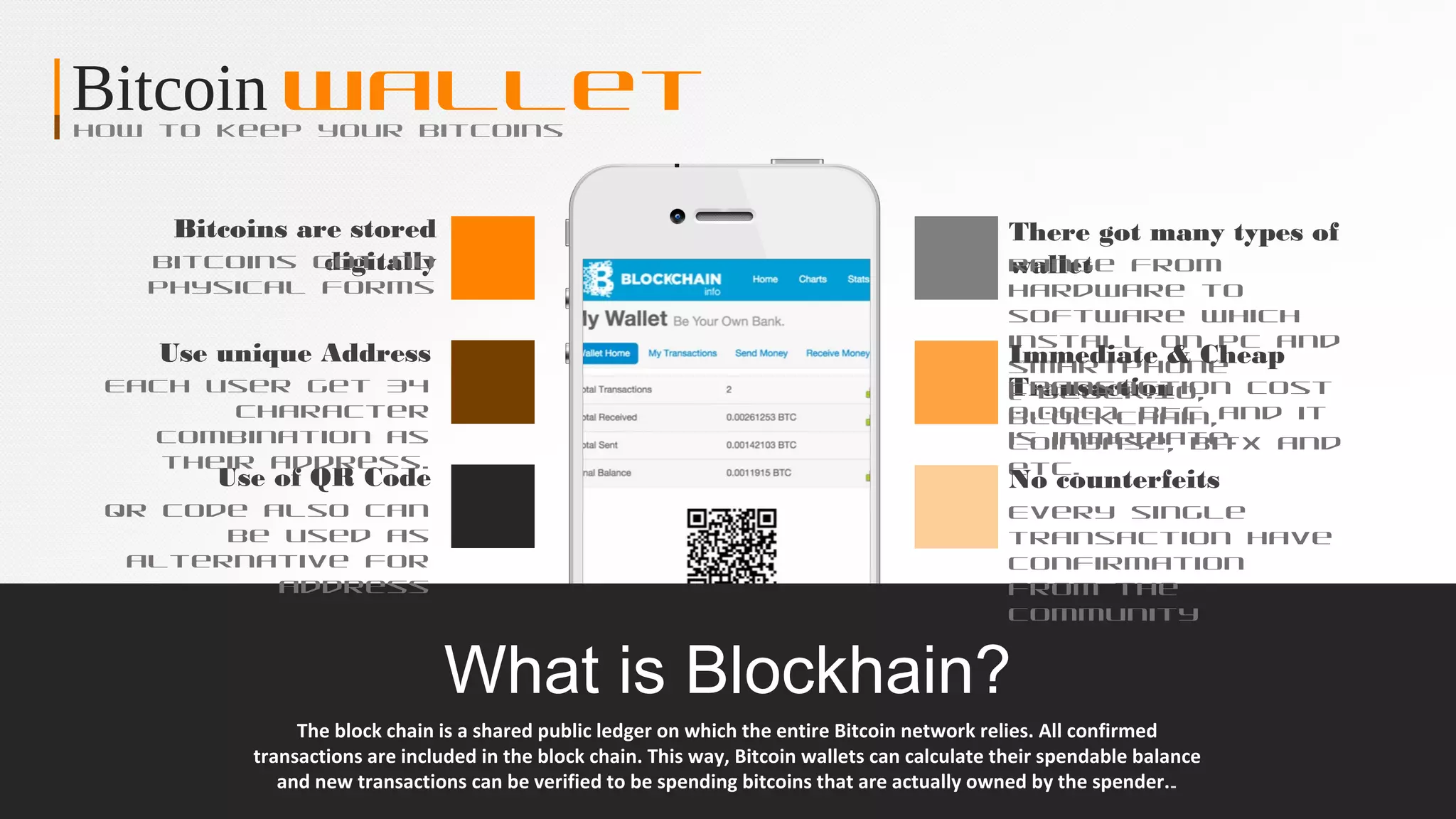 Bitcoin WalletHow to keep your Bitcoins
The block chain is a shared public ledger on which the entire Bitcoin network relies. All confirmed
transactions are included in the block chain. This way, Bitcoin wallets can calculate their spendable balance
and new transactions can be verified to be spending bitcoins that are actually owned by the spender..
What is Blockhain?
There got many types of
walletRange from
hardware to
software which
install on pc and
smartphone
( Block.IO,
Blockchain,
Coinbase, BitX and
etc.
Immediate & Cheap
TransactionTransaction cost
0.0001 BTC and it
is immediate.
No counterfeits
Every single
transaction have
confirmation
from the
community
Use of QR Code
QR code also can
be used as
alternative for
address
Use unique Address
Each user get 34
character
combination as
their address.
Bitcoins are stored
digitallyBitcoins got no
physical forms
 