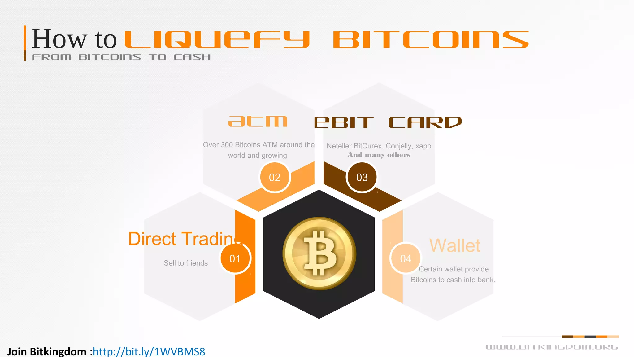 How to Liquefy BitcoinsFrom Bitcoins to Cash
01
Direct Trading
Sell to friends 04
Wallet
Certain wallet provide
Bitcoins to cash into bank.
03
Debit Card
Neteller,BitCurex, Conjelly, xapo
And many others
02
ATM
Over 300 Bitcoins ATM around the
world and growing
www.bitkingdom.org
Join Bitkingdom :http://bit.ly/1WVBMS8
 