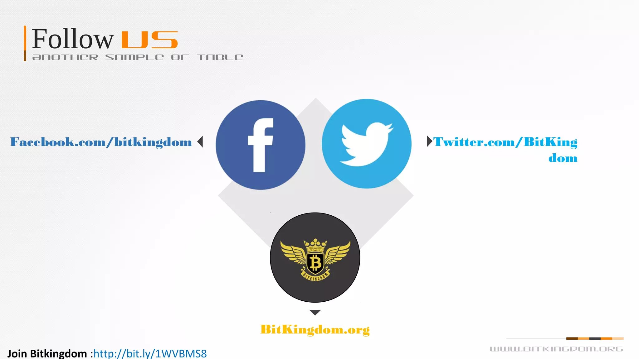 Follow USAnother sample of table
Facebook.com/bitkingdom Twitter.com/BitKing
dom
BitKingdom.org
www.bitkingdom.org
Join Bitkingdom :http://bit.ly/1WVBMS8
 