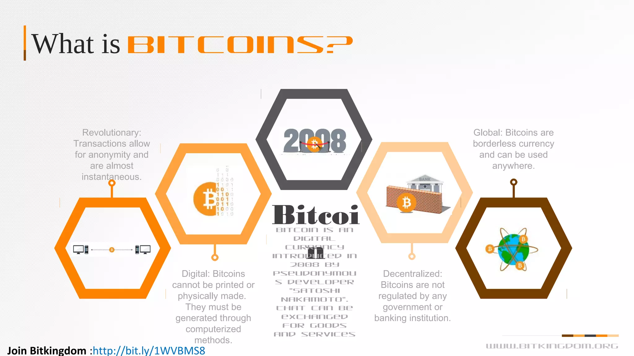 What is Bitcoins?
Revolutionary:
Transactions allow
for anonymity and
are almost
instantaneous.
Global: Bitcoins are
borderless currency
and can be used
anywhere.
Digital: Bitcoins
cannot be printed or
physically made.
They must be
generated through
computerized
methods.
Decentralized:
Bitcoins are not
regulated by any
government or
banking institution.
Bitcoi
n
Bitcoin is an
digital
currency
introduced in
2008 by
pseudonymou
s developer
"Satoshi
Nakamoto".
That can be
exchanged
for goods
and services
www.bitkingdom.org

OPTION
Join Bitkingdom :http://bit.ly/1WVBMS8
 
