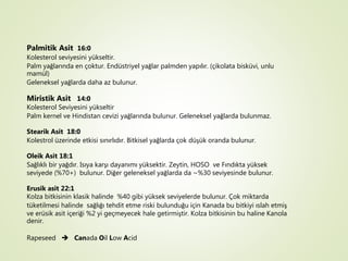 Palmitik Asit 16:0
Kolesterol seviyesini yükseltir.
Palm yağlarında en çoktur. Endüstriyel yağlar palmden yapılır. (çikolata bisküvi, unlu
mamül)
Geleneksel yağlarda daha az bulunur.
Miristik Asit 14:0
Kolesterol Seviyesini yükseltir
Palm kernel ve Hindistan cevizi yağlarında bulunur. Geleneksel yağlarda bulunmaz.
Stearik Asit 18:0
Kolestrol üzerinde etkisi sınırlıdır. Bitkisel yağlarda çok düşük oranda bulunur.
Oleik Asit 18:1
Sağlıklı bir yağdır. Isıya karşı dayanımı yüksektir. Zeytin, HOSO ve Fındıkta yüksek
seviyede (%70+) bulunur. Diğer geleneksel yağlarda da ~%30 seviyesinde bulunur.
Erusik asit 22:1
Kolza bitkisinin klasik halinde %40 gibi yüksek seviyelerde bulunur. Çok miktarda
tüketilmesi halinde sağlığı tehdit etme riski bulunduğu için Kanada bu bitkiyi ıslah etmiş
ve erüsik asit içeriği %2 yi geçmeyecek hale getirmiştir. Kolza bitkisinin bu haline Kanola
denir.
Rapeseed  Canada Oil Low Acid
 