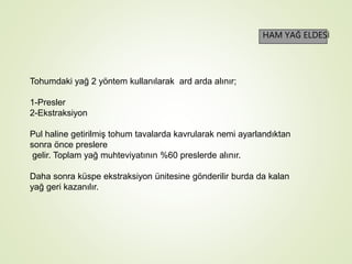 Tohumdaki yağ 2 yöntem kullanılarak ard arda alınır;
1-Presler
2-Ekstraksiyon
Pul haline getirilmiş tohum tavalarda kavrularak nemi ayarlandıktan
sonra önce preslere
gelir. Toplam yağ muhteviyatının %60 preslerde alınır.
Daha sonra küspe ekstraksiyon ünitesine gönderilir burda da kalan
yağ geri kazanılır.
HAM YAĞ ELDESİ
 