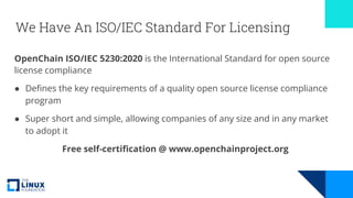 We Have An ISO/IEC Standard For Licensing
OpenChain ISO/IEC 5230:2020 is the International Standard for open source
license compliance
● Defines the key requirements of a quality open source license compliance
program
● Super short and simple, allowing companies of any size and in any market
to adopt it
Free self-certification @ www.openchainproject.org
 
