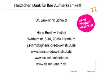 Herzlichen Dank für Ihre Aufmerksamkeit! Dr. Jan-Hinrik Schmidt Hans-Bredow-Institut Warburgstr. 8-10, 20354 Hamburg [email_address] www.hans-bredow-institut.de www.schmidtmitdete.de www.dasneuenetz.de 