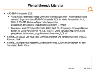 Weiterführende Literatur ARD-ZDF-Onlinestudie 2009: Van Eimeren, Birgit/Beate Frees (2009): Der Internetnutzer 2009 – multimedial und total vernetzt? Ergebnisse der ARD/ZDF-Onlinestudie 2009. In: Media Perspektiven, Nr. 7, 2009, S. 334-348. Online verfügbar: http://www.media-perspektiven.de/uploads/tx_mppublications/Eimeren1_7_09.pdf. Busemann, Martin/Christoph Gscheidle (2009): Web 2.0: Communitys bei jungen Nutzern beliebt. In: Media Perspektiven, Nr. 7. S. 356-364. Online verfügbar: http://www.media-perspektiven.de/uploads/tx_mppublications/ Busemann_7_09.pdf . Schmidt, Jan (2009): Das neue Netz. Merkmale, Praktiken und Konsequenzen des Web 2.0. Konstanz: UVK. Schmidt, Jan/Ingrid Paus-Hasebrink/Uwe Hasebrink (Hrsg.)(2009): Heranwachsen mit dem Social Web. Berlin: Vistas . 