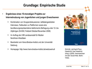 Grundlage: Empirische Studie Ergebnisse eines 15-monatigen Projekts zur Internetnutzung von Jugenlichen und jungen Erwachsenen Kombination von Gruppendiskussionen, leitfadengestützten Interviews, Fallstudien zu Plattformen sowie eine bevölkerungsrepräsentative telefonische Befragung unter 12- bis 24jährigen (N=650; Feldzeit Oktober/November 2008) Im Auftrag der LfM Landesanstalt für Medien  Nordrhein-Westfalen  Bearbeitet vom Hans-Bredow-Institut und der Universität Salzburg Homepage: http://www.hans-bredow-institut.de/webzweinull Schmidt, Jan/Ingrid Paus-Hasebrink/ Uwe Hasebrink (Hrsg.) (2009): Heranwachsen mit dem Social Web. Berlin: Vistas . 