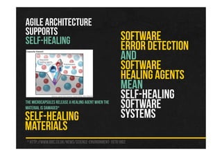 AGILE ARCHITECTURE
SUPPORTS
SELF-HEALING
The microcapsules release a healing agent when the
material is damaged*
* http://www.bbc.co.uk/news/science-environment-19781862
SELF-HEALING
MATERIALS
SOFTWARE
ERROR DETECTION
AND
SOFTWARE
HEALING AGENTS
MEAN
SELF-HEALING
SOFTWARE
SYSTEMS
 