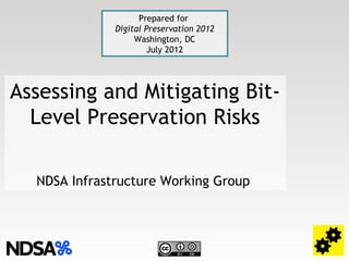 Prepared for
              Digital Preservation 2012
                   Washington, DC
                       July 2012




Assessing and Mitigating Bit-
  Level Preservation Risks

  NDSA Infrastructure Working Group
 