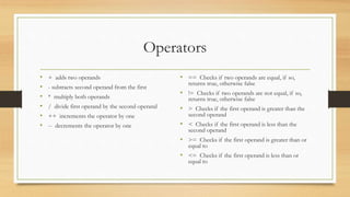 Operators
• + adds two operands
• - subtracts second operand from the first
• * multiply both operands
• / divide first operand by the second operand
• ++ increments the operator by one
• -- decrements the operator by one
• == Checks if two operands are equal, if so,
returns true, otherwise false
• != Checks if two operands are not equal, if so,
returns true, otherwise false
• > Checks if the first operand is greater than the
second operand
• < Checks if the first operand is less than the
second operand
• >= Checks if the first operand is greater than or
equal to
• <= Checks if the first operand is less than or
equal to
 