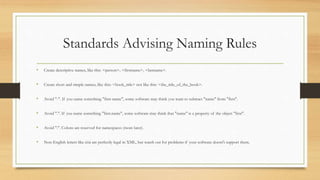 Standards Advising Naming Rules
• Create descriptive names, like this: <person>, <firstname>, <lastname>.
• Create short and simple names, like this: <book_title> not like this: <the_title_of_the_book>.
• Avoid "-". If you name something "first-name", some software may think you want to subtract "name" from "first".
• Avoid ".". If you name something "first.name", some software may think that "name" is a property of the object "first".
• Avoid ":". Colons are reserved for namespaces (more later).
• Non-English letters like éòá are perfectly legal in XML, but watch out for problems if your software doesn't support them.
 