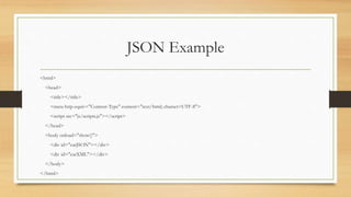 JSON Example
<html>
<head>
<title></title>
<meta http-equiv="Content-Type" content="text/html; charset=UTF-8">
<script src="js/scripts.js"></script>
</head>
<body onload="show()">
<div id="carJSON"></div>
<div id="carXML"></div>
</body>
</html>
 