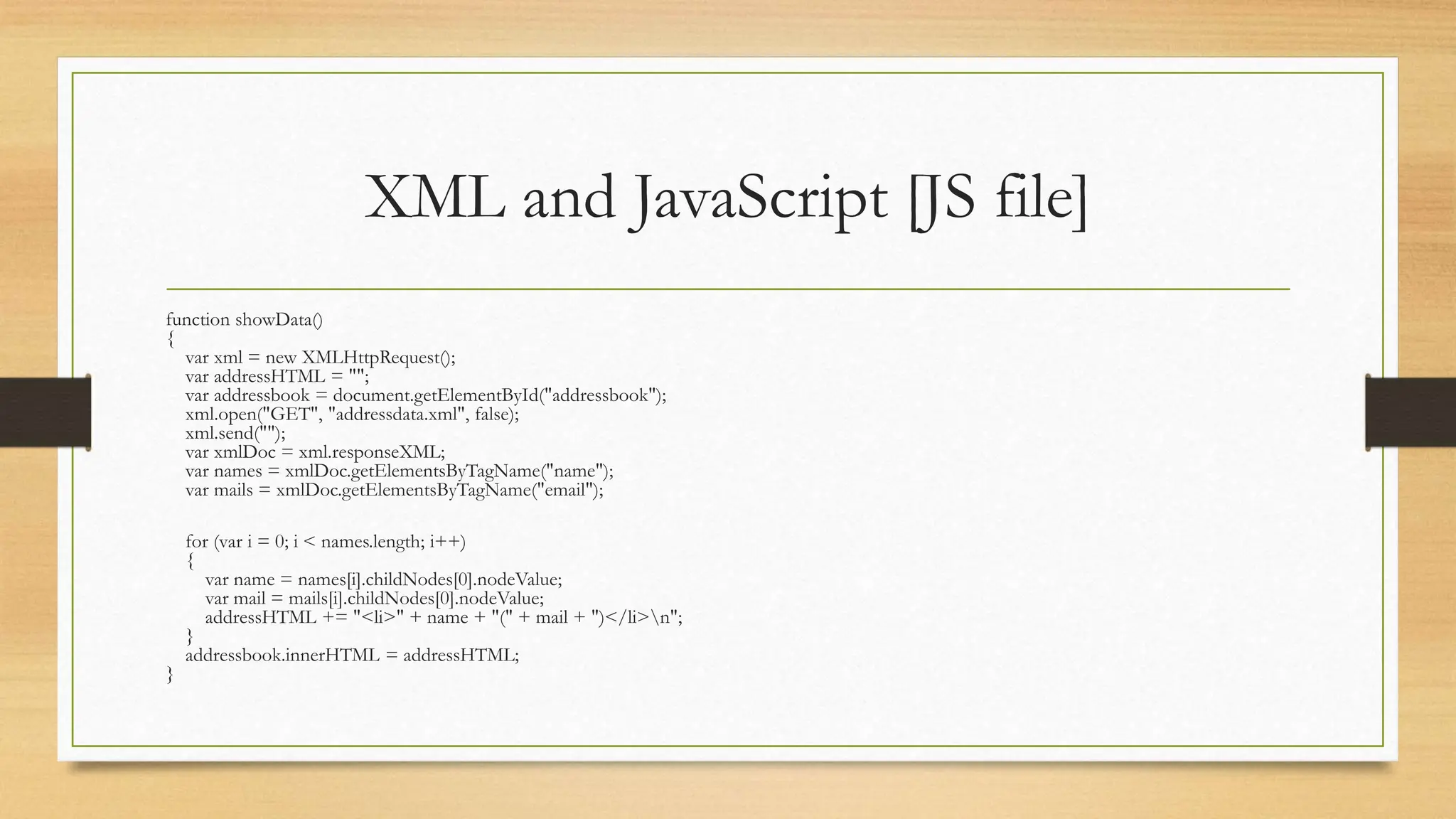 XML and JavaScript [JS file]
function showData()
{
var xml = new XMLHttpRequest();
var addressHTML = "";
var addressbook = document.getElementById("addressbook");
xml.open("GET", "addressdata.xml", false);
xml.send("");
var xmlDoc = xml.responseXML;
var names = xmlDoc.getElementsByTagName("name");
var mails = xmlDoc.getElementsByTagName("email");
for (var i = 0; i < names.length; i++)
{
var name = names[i].childNodes[0].nodeValue;
var mail = mails[i].childNodes[0].nodeValue;
addressHTML += "<li>" + name + "(" + mail + ")</li>n";
}
addressbook.innerHTML = addressHTML;
}
 