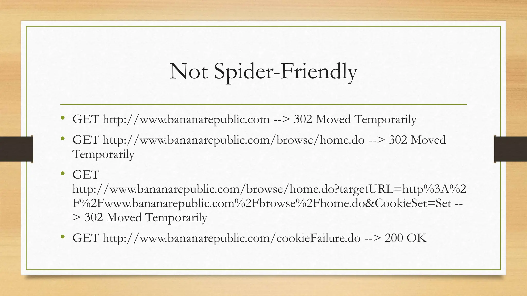 Not Spider-Friendly
• GET http://www.bananarepublic.com --> 302 Moved Temporarily
• GET http://www.bananarepublic.com/browse/home.do --> 302 Moved
Temporarily
• GET
http://www.bananarepublic.com/browse/home.do?targetURL=http%3A%2
F%2Fwww.bananarepublic.com%2Fbrowse%2Fhome.do&CookieSet=Set --
> 302 Moved Temporarily
• GET http://www.bananarepublic.com/cookieFailure.do --> 200 OK
 