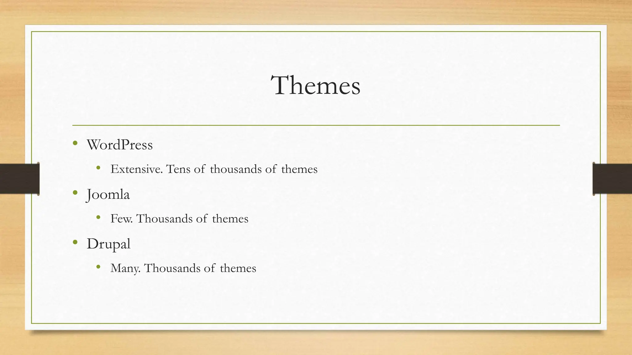 Themes
• WordPress
• Extensive. Tens of thousands of themes
• Joomla
• Few. Thousands of themes
• Drupal
• Many. Thousands of themes
 