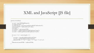 XML and JavaScript [JS file]
function showData()
{
var xml = new XMLHttpRequest();
var addressHTML = "";
var addressbook = document.getElementById("addressbook");
xml.open("GET", "addressdata.xml", false);
xml.send("");
var xmlDoc = xml.responseXML;
var names = xmlDoc.getElementsByTagName("name");
var mails = xmlDoc.getElementsByTagName("email");
for (var i = 0; i < names.length; i++)
{
var name = names[i].childNodes[0].nodeValue;
var mail = mails[i].childNodes[0].nodeValue;
addressHTML += "<li>" + name + "(" + mail + ")</li>n";
}
addressbook.innerHTML = addressHTML;
}
 