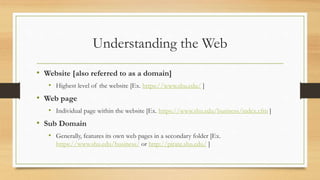 Understanding the Web
• Website [also referred to as a domain]
• Highest level of the website [Ex. https://www.shu.edu/ ]
• Web page
• Individual page within the website [Ex. https://www.shu.edu/business/index.cfm ]
• Sub Domain
• Generally, features its own web pages in a secondary folder [Ex.
https://www.shu.edu/business/ or http://pirate.shu.edu/ ]
 