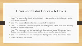 Error and Status Codes – 6 Levels
• 1xx - The requested action is being initiated, expect another reply before proceeding
with a new command.
• 2xx - The requested action has been successfully completed.
• 3xx - The command has been accepted, but the requested action is on hold, pending
receipt of further information.
• 4xx - The command was not accepted and the requested action did not take place,
but the error condition is temporary and the action may be requested again.
• 5xx - The command was not accepted and the requested action did not take place.
• 10xxx - Winsock error codes
 