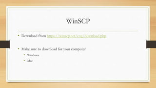 WinSCP
• Download from https://winscp.net/eng/download.php
• Make sure to download for your computer
• Windows
• Mac
 
