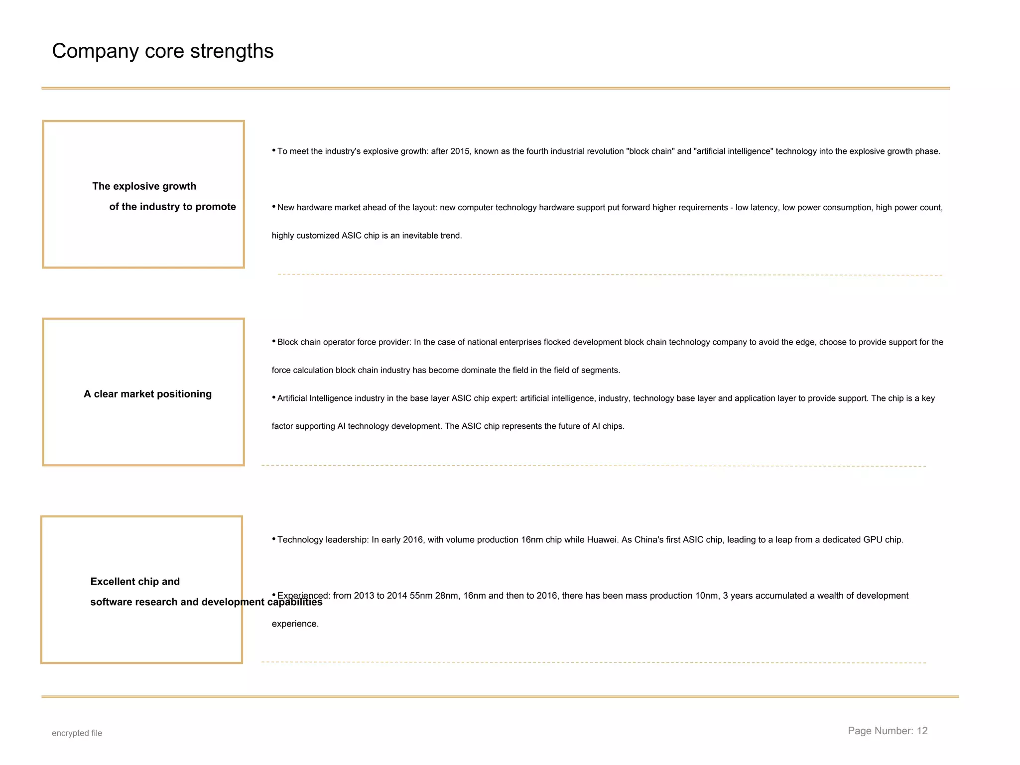 Page Number: 12
Company core strengths
•To meet the industry's explosive growth: after 2015, known as the fourth industrial revolution "block chain" and "artificial intelligence" technology into the explosive growth phase.
•New hardware market ahead of the layout: new computer technology hardware support put forward higher requirements - low latency, low power consumption, high power count,
highly customized ASIC chip is an inevitable trend.
The explosive growth
of the industry to promote
A clear market positioning
Excellent chip and
software research and development capabilities
•Block chain operator force provider: In the case of national enterprises flocked development block chain technology company to avoid the edge, choose to provide support for the
force calculation block chain industry has become dominate the field in the field of segments.
•Artificial Intelligence industry in the base layer ASIC chip expert: artificial intelligence, industry, technology base layer and application layer to provide support. The chip is a key
factor supporting AI technology development. The ASIC chip represents the future of AI chips.
•Technology leadership: In early 2016, with volume production 16nm chip while Huawei. As China's first ASIC chip, leading to a leap from a dedicated GPU chip.
•Experienced: from 2013 to 2014 55nm 28nm, 16nm and then to 2016, there has been mass production 10nm, 3 years accumulated a wealth of development
experience.
encrypted file
 