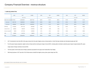 Page Number: 16
Company Financial Overview - revenue structure
encrypted file
• 2017 Continental bit more than 90% of the sales revenue from the sale of digital currency mining machine, in which the basic domestic and international sales each half;
• From the gross margin perspective, digital currency mining machine overall gross margin of around 60%, including sales to domestic customers gross margin of approximately 55%, gross
margin sales to foreign customers of around 65%;
• The first quarter of 2018 mainly due to foreign customers accounted for the surge is the Chinese New Year holiday;
• Self-mining business in 2017 less than 10% of total revenue, benefit from digital currency prices, gross margin was 76%.
Source: Management information and data, KPMG analysis, Jianan Yun Chi prospectus
2016 2017 2018Q1 2016 2017 2018Q1 2016 2017 2018Q1
Sales revenue Sales revenue% Gross margin
Digital currency mining machine 222,230.00Digital currency mining machine 222,230.00 2,329,038.00 1,829,774.00 80.0% 92.1% 96.5% 57.9% 58.9% 61.9%
Domestic sales 136,571.00 1,238,923.00 643,840.00 49.2% 49.0% 33.9% 55.7% 54.8% 55.7%
Overseas sales 85,659.00 1,090,115.00 1,185,933.00 30.8% 43.1% 62.5% 61.5% 63.4% 66.2%
Self-mining 51,022.00 178,711.00 63,378.00 18.4% 7.1% 3.3% 49.7% 76.1% 60.0%
Operators force nest 2,564.00 -8,591.00 -10,347.00 0.9% -0.3% -0.5% N / A N / A N / A
Mineral pool management 194.00 16,711.00 10,053.00 0.1% 0.7% 0.5% 18.3% 44.8% 58.2%
other 1,820.00 13,477.00 3,587.00 0.7% 0.5% 0.2% N / A N / A N / A
total 277,830.00 2,529,346.00 1,896,444.00 100.0% 100.0% 100.0% 57.1% 57.9% 60.7%
1, sales by product line
 