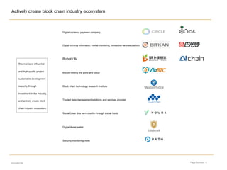Page Number: 8
Actively create block chain industry ecosystem
encrypted file
Digital currency payment company
Digital currency information, market monitoring, transaction services platform
Robot / AI
Bitcoin mining ore pond and cloud
Block chain technology research institute
Trusted data management solutions and services provider
Social (user bits earn credits through social tools)
Digital Asset wallet
Security monitoring node
Bits mainland influential
and high-quality project
sustainable development
capacity through
investment in the industry,
and actively create block
chain industry ecosystem.
 