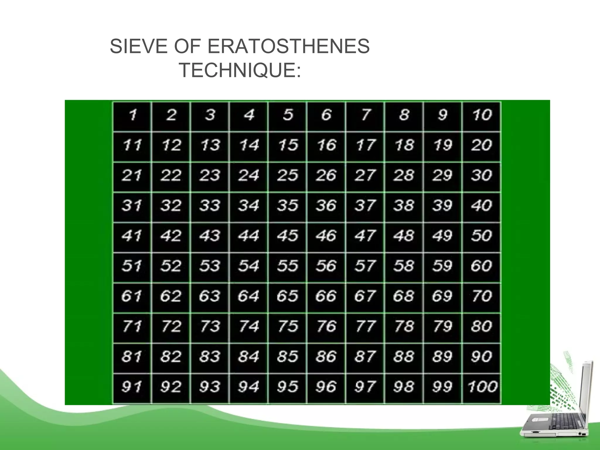 SIEVE OF ERATOSTHENES
TECHNIQUE:
 