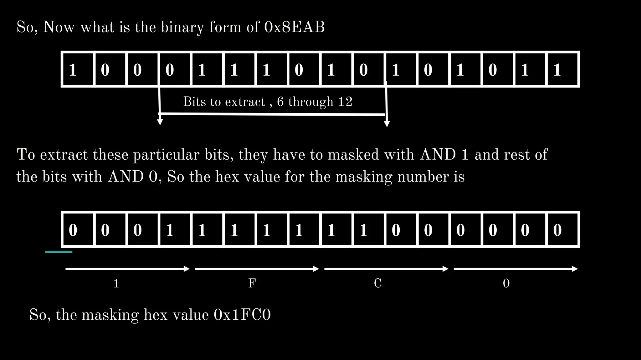 So, Now what is the binary form of 0x8EAB
1 0 0 0 1 1 1 0 1 0 1 0 1 0 1 1
Bits to extract , 6 through 12
To extract these particular bits, they have to masked with AND 1 and rest of
the bits with AND 0, So the hex value for the masking number is
0 0 0 1 1 1 1 1 1 1 0 0 0 0 0 0
1 F C 0
So, the masking hex value 0x1FC0
 