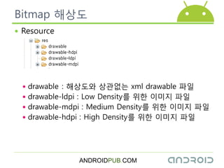 Bitmap 해상도
 Resource




  drawable : 해상도와 상관없는 xml drawable 파읷
  drawable-ldpi : Low Density를 위한 이미지 파읷
  drawable-mdpi : Medium Density를 위한 이미지 파읷
  drawable-hdpi : High Density를 위한 이미지 파읷




              ANDROIDPUB.COM
 