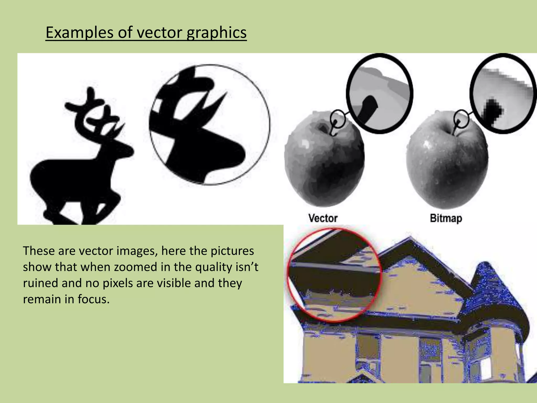 Examples of vector graphics
These are vector images, here the pictures
show that when zoomed in the quality isn’t
ruined and no pixels are visible and they
remain in focus.
 
