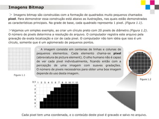 Imagens Bitmap
>

Imagens bitmap são construidas com a formação de quadrados muito pequenos chamados
pixel. Para demonstrar essa construção está abaixo as ilustrações, nas quais estão demonstradas
as características principais. Na grade de base, cada quadrado representa 1 pixel. (Figura 1.1).

>Vejamos um simples exemplo, ao criar um círculo preto com 20 pixels de diâmetro (Figura 1.2).
O número de pixels determina a resolução do arquivo. O computador registra este arquivo pela
gravação da exata localização e cor de cada pixel. O computador não tem idéia que isso é um
círculo, somente que é um aglomerado de pequenos pontos.

> A imagem consiste em centenas de linhas e colunas de

Figura 1.1

pequenos elementos. Cada elemento chama-se pixel
(abreviatura de picture element). O olho humano não é capaz
de ver cada pixel individualmente, ficando então com a
percepção de uma imagem com suaves gradações.
O número de pixeis necessários para obter uma boa imagem
depende do uso desta imagem.
Figura 1.2

Cada pixel tem uma coordenada, e o conteúdo deste pixel é gravado e salvo no arquivo.

 