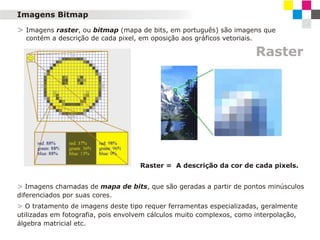 Imagens Bitmap
> Imagens raster, ou bitmap (mapa de bits, em português) são imagens que
contém a descrição de cada pixel, em oposição aos gráficos vetoriais.

Raster

Raster = A descrição da cor de cada pixels.
> Imagens chamadas de mapa de bits, que são geradas a partir de pontos minúsculos
diferenciados por suas cores.
> O tratamento de imagens deste tipo requer ferramentas especializadas, geralmente
utilizadas em fotografia, pois envolvem cálculos muito complexos, como interpolação,
álgebra matricial etc.

 