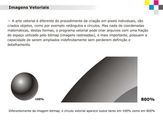 Imagens Vetoriais
> A arte vetorial é diferente do procedimente da criação em pixels individuais, são
criados objetos, como por exemplo retângulos e círculos. Mas nada de coordenadas
matemáticas, destas formas, o programa vetorial pode criar arquivos com uma fração
do espaço utilizado pelo bitmap (imagens rastreadas), e mais importante, possuem a
capacidade de serem ampliados indefinidamente sem perderem definição e
detalhamento.

100%

800%

Diferentemente da imagem bitmap, o círculo vetorial aparece suave tanto em 100% como em 800%

 