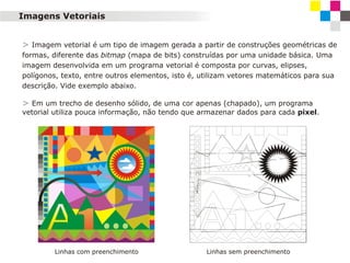 Imagens Vetoriais
> Imagem vetorial é um tipo de imagem gerada a partir de construções geométricas de
formas, diferente das bitmap (mapa de bits) construídas por uma unidade básica. Uma
imagem desenvolvida em um programa vetorial é composta por curvas, elipses,
polígonos, texto, entre outros elementos, isto é, utilizam vetores matemáticos para sua
descrição. Vide exemplo abaixo.

> Em um trecho de desenho sólido, de uma cor apenas (chapado), um programa
vetorial utiliza pouca informação, não tendo que armazenar dados para cada pixel.

A1
Linhas com preenchimento

A1
Linhas sem preenchimento

 