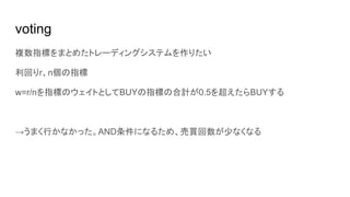 voting
複数指標をまとめたトレーディングシステムを作りたい
利回りr、n個の指標
w=r/nを指標のウェイトとしてBUYの指標の合計が0.5を超えたらBUYする
→うまく行かなかった。AND条件になるため、売買回数が少なくなる
 