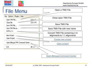Heartsome Europe GmbH
                                                     www.heartsome.de


File Menu                                   Open a TMX File


                                        Close open TMX File


                                            Save TMX File

                                  Save TMX File with new name

                                  Convert TMX File containing n:m
                                   alignments to 1:1 alignments
                                           Create new project

                                              Open project




                               Open Bilingual Command Center



29.06.2007   (c) 2006, 2007, Heartsome Europe GmbH                           15
 