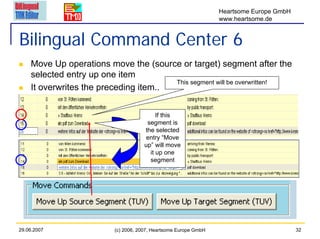 Heartsome Europe GmbH
                                                                 www.heartsome.de


Bilingual Command Center 6
    Move Up operations move the (source or target) segment after the
    selected entry up one item
                                       This segment will be overwritten!
    It overwrites the preceding item..


                                          If this
                                      segment is
                                     the selected
                                      entry “Move
                                     up” will move
                                       it up one
                                       segment




29.06.2007               (c) 2006, 2007, Heartsome Europe GmbH                           32
 